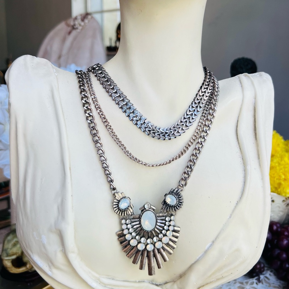 Silvertone Statement Necklace With Opalescent Acc… - image 7